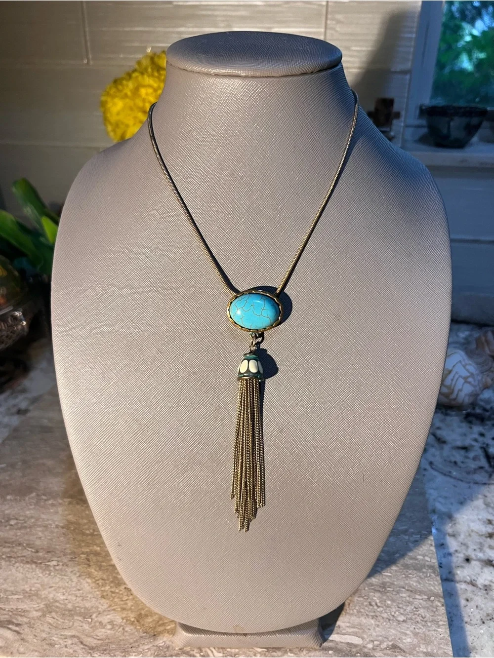 Boho Vintage Turquoise Stone Tassel Pendant Necklace -very cool